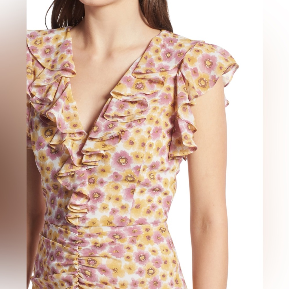 WAYF Daphne pink and yellow floral print midi ruffle dress. MED. COTTAGECORE - Picture 6 of 16